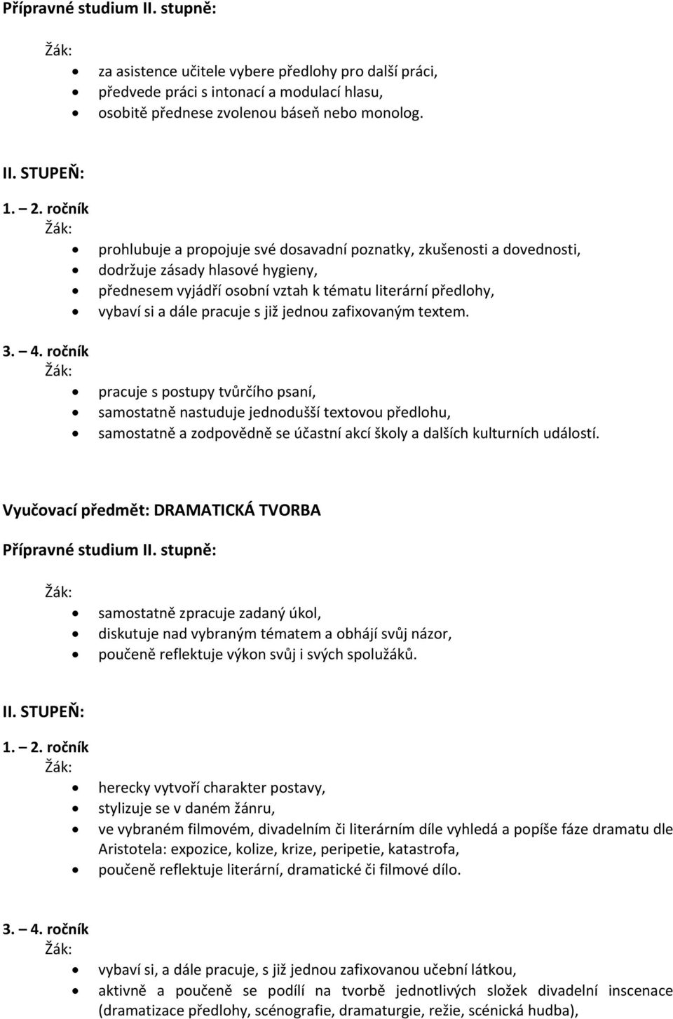 ročník prohlubuje a propojuje své dosavadní poznatky, zkušenosti a dovednosti, dodržuje zásady hlasové hygieny, přednesem vyjádří osobní vztah k tématu literární předlohy, vybaví si a dále pracuje s