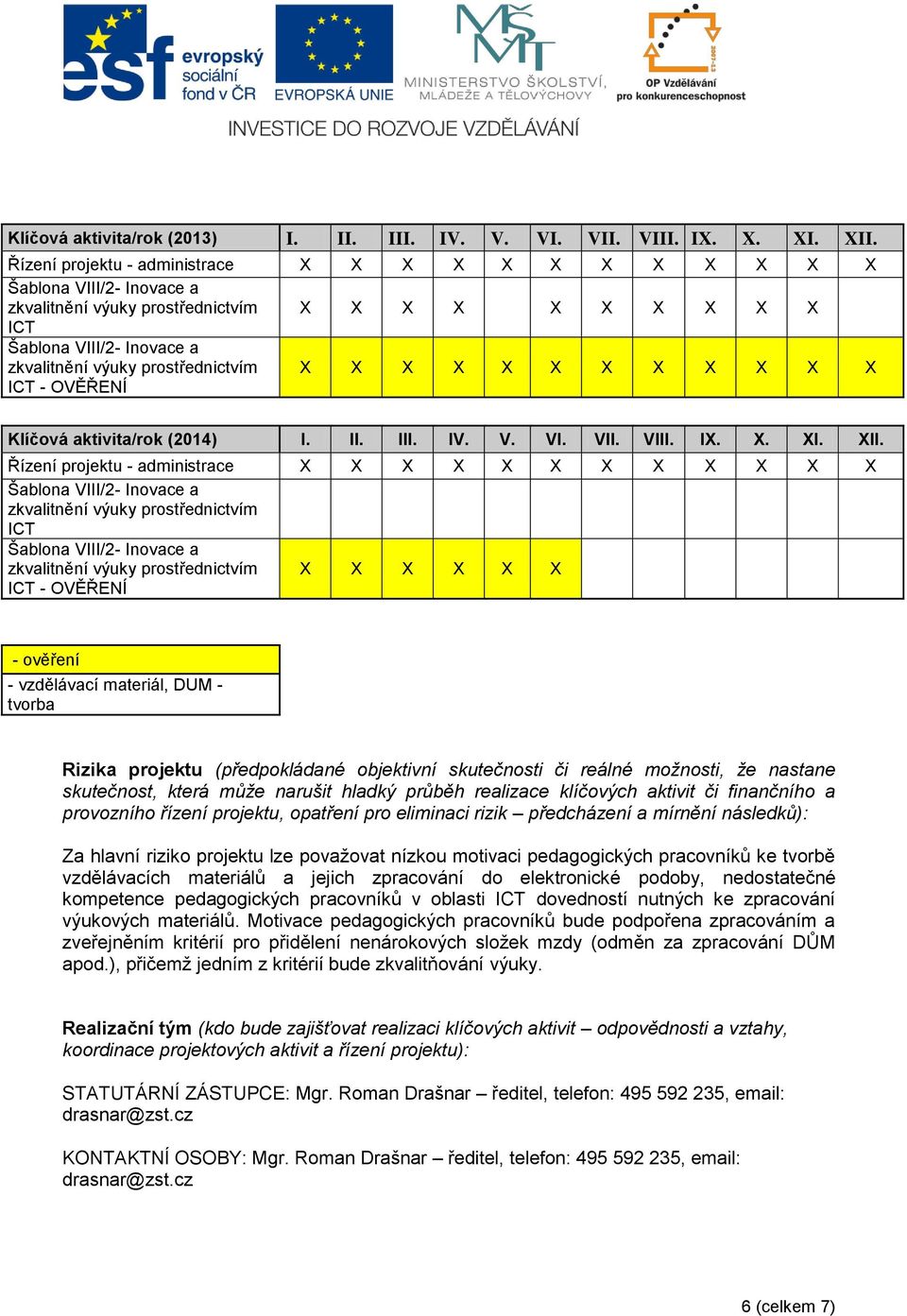 Řízení projektu - administrace X X X X X X X X X X X X ICT ICT - OVĚŘENÍ X X X X X X - ověření - vzdělávací materiál, DUM - tvorba Rizika projektu (předpokládané objektivní skutečnosti či reálné