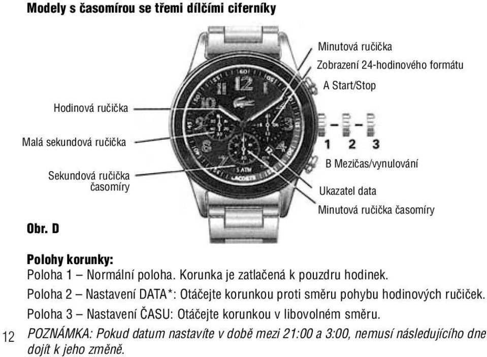 D Sekundová ruãiãka ãasomíry B Meziãas/vynulování Ukazatel data Minutová ruãiãka ãasomíry 12 Polohy korunky: Poloha 1 Normální poloha.