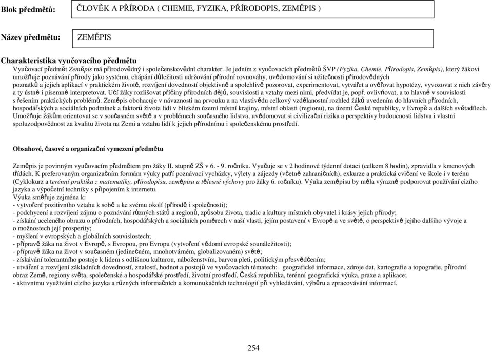 Je jedním z vyučovacích předmětů ŠVP (Fyzika, Chemie, Přírodopis, Zeměpis), který žákovi umožňuje poznávání přírody jako systému, chápání důležitosti udržování přírodní rovnováhy, uvědomování si