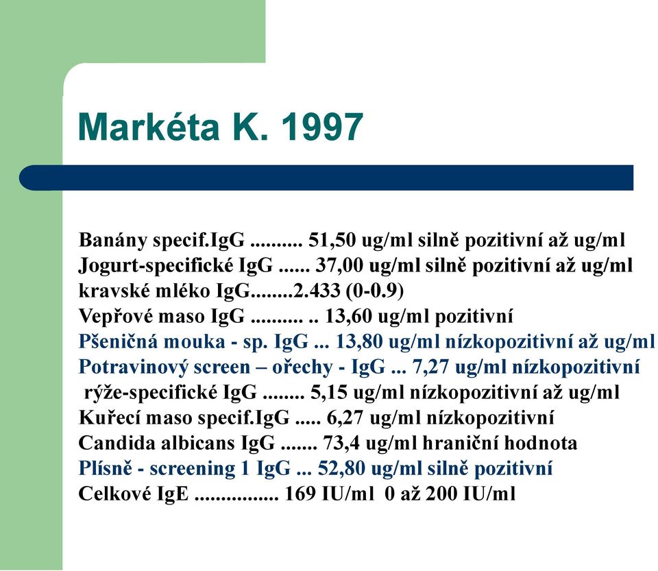 .. 7,27 ug/ml nízkopozitivní rýže-specifické IgG... 5,15 ug/ml nízkopozitivní až ug/ml Kuřecí maso specif.igg.