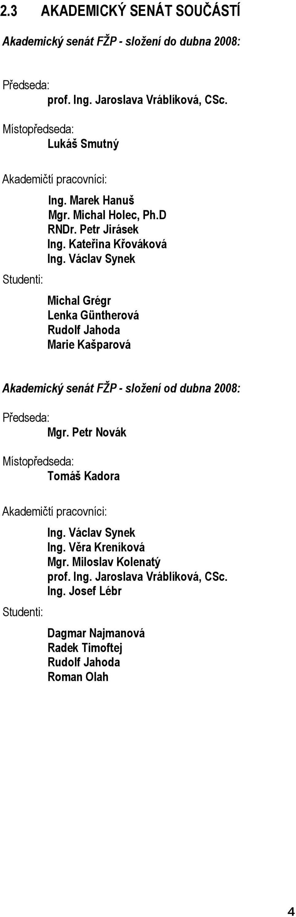 Václav Synek Michal Grégr Lenka Güntherová Rudolf Jahoda Marie Kašparová Akademický senát FŽP - složení od dubna 2008: Předseda: Mgr.