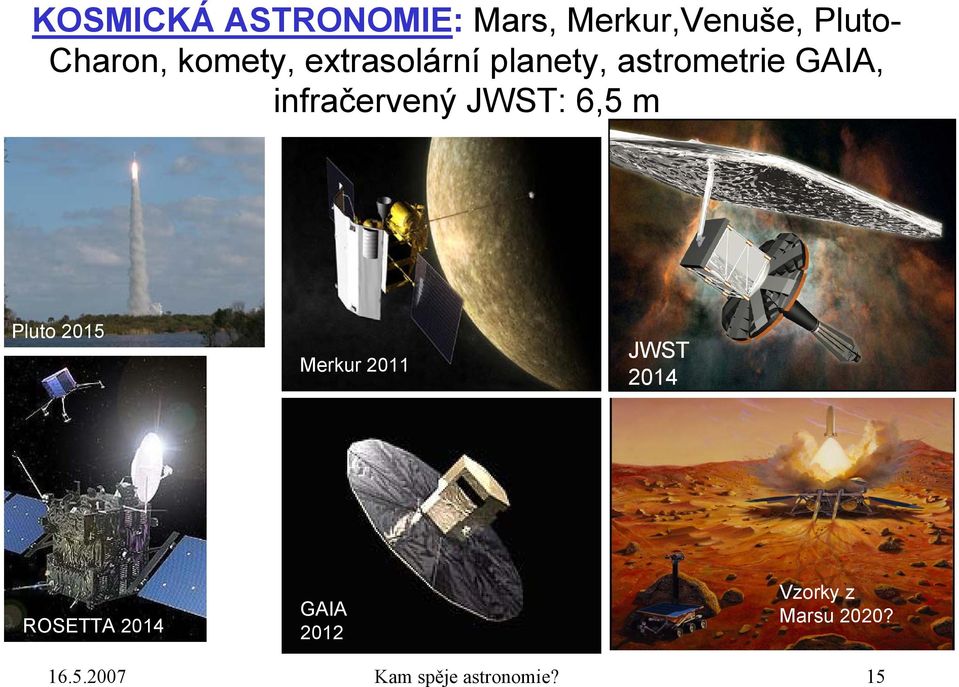 JWST: 6,5 m Pluto 2015 Merkur 2011 JWST 2014 ROSETTA 2014