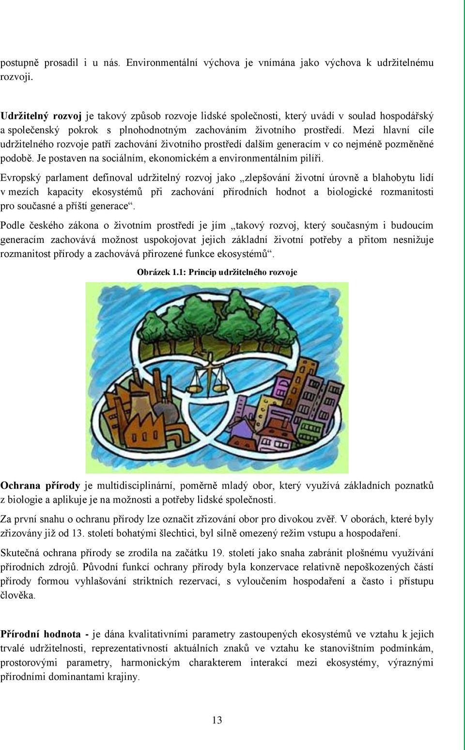 Mezi hlavní cíle udržitelného rozvoje patří zachování životního prostředí dalším generacím v co nejméně pozměněné podobě. Je postaven na sociálním, ekonomickém a environmentálním pilíři.