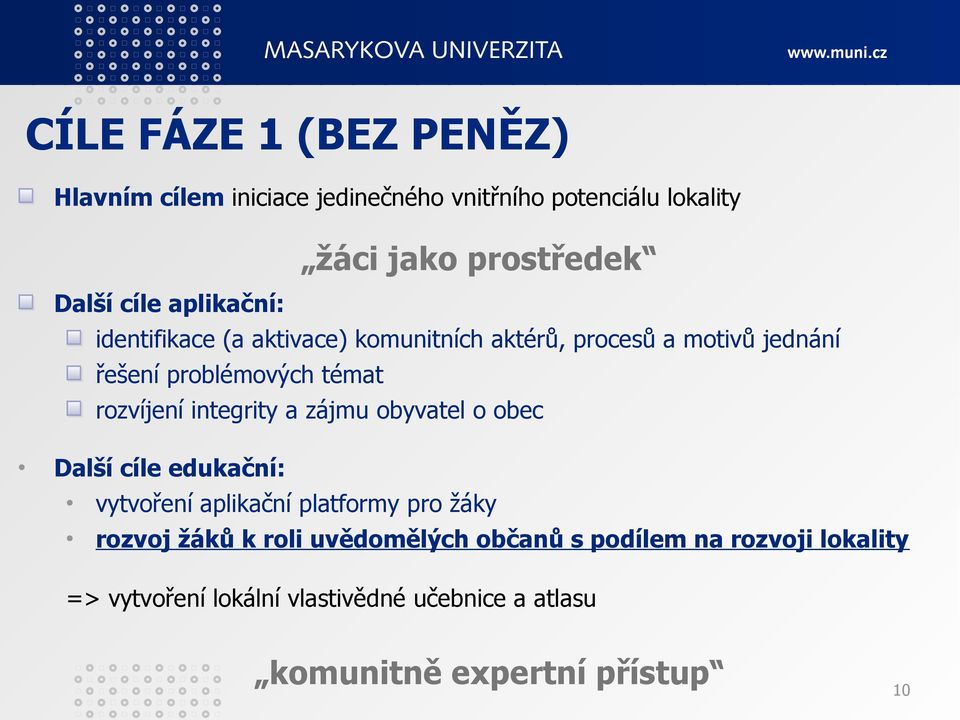 integrity a zájmu obyvatel o obec Další cíle edukační: vytvoření aplikační platformy pro žáky rozvoj žáků k roli