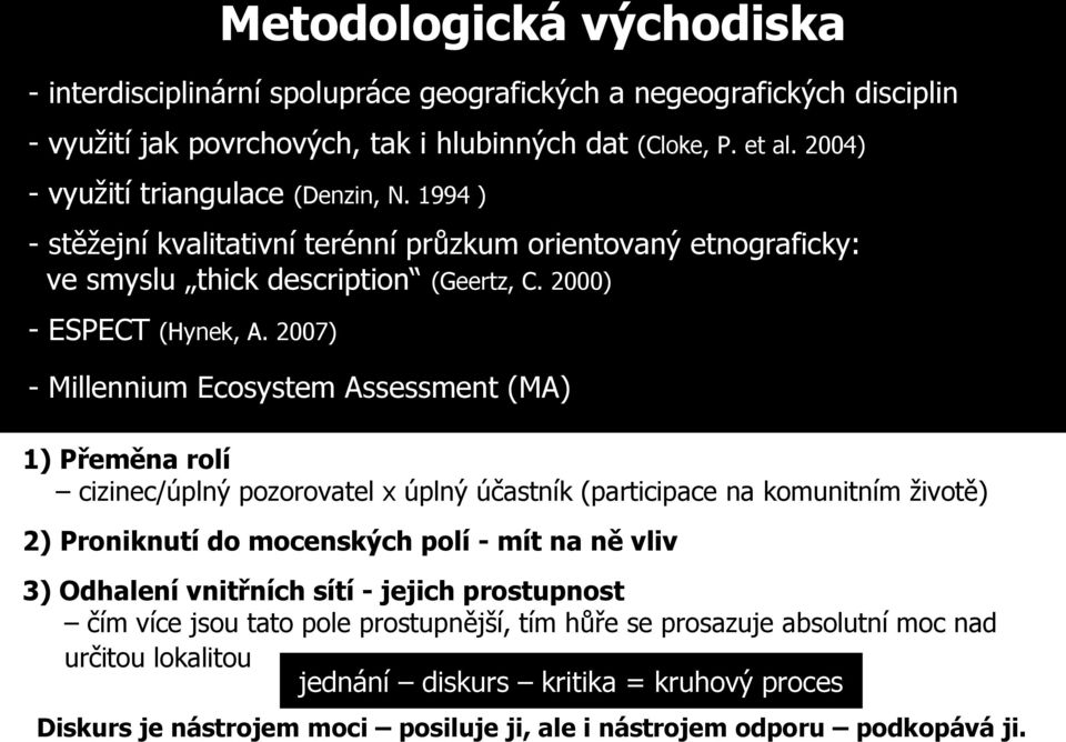 2007) - Millennium Ecosystem Assessment (MA) 1) Přeměna rolí cizinec/úplný pozorovatel x úplný účastník (participace na komunitním životě) 2) Proniknutí do mocenských polí - mít na ně vliv 3)