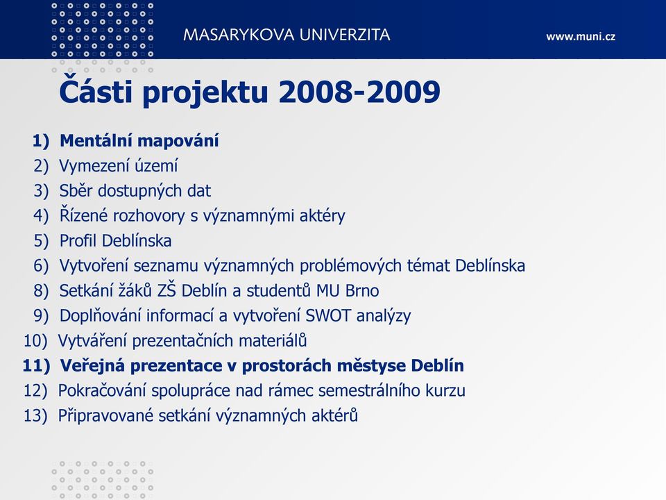 studentů MU Brno 9) Doplňování informací a vytvoření SWOT analýzy 10) Vytváření prezentačních materiálů 11) Veřejná