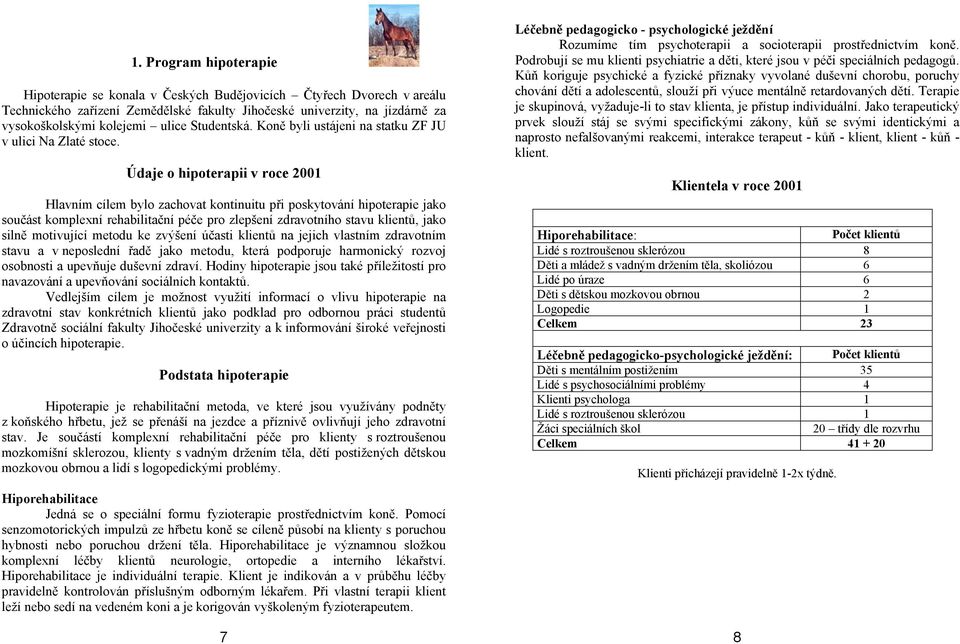 Údaje o hipoterapii v roce 2001 Hlavním cílem bylo zachovat kontinuitu při poskytování hipoterapie jako součást komplexní rehabilitační péče pro zlepšení zdravotního stavu klientů, jako silně