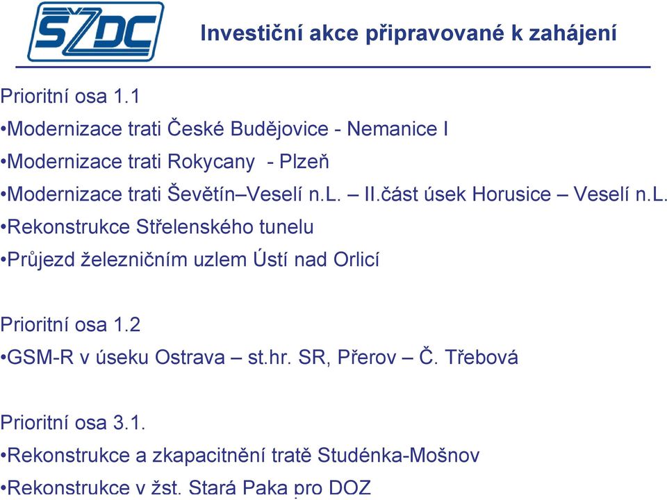 Veselí n.l. II.část úsek Horusice Veselí n.l. Rekonstrukce Střelenského tunelu Průjezd železničním uzlem Ústí nad Orlicí Prioritní osa 1.