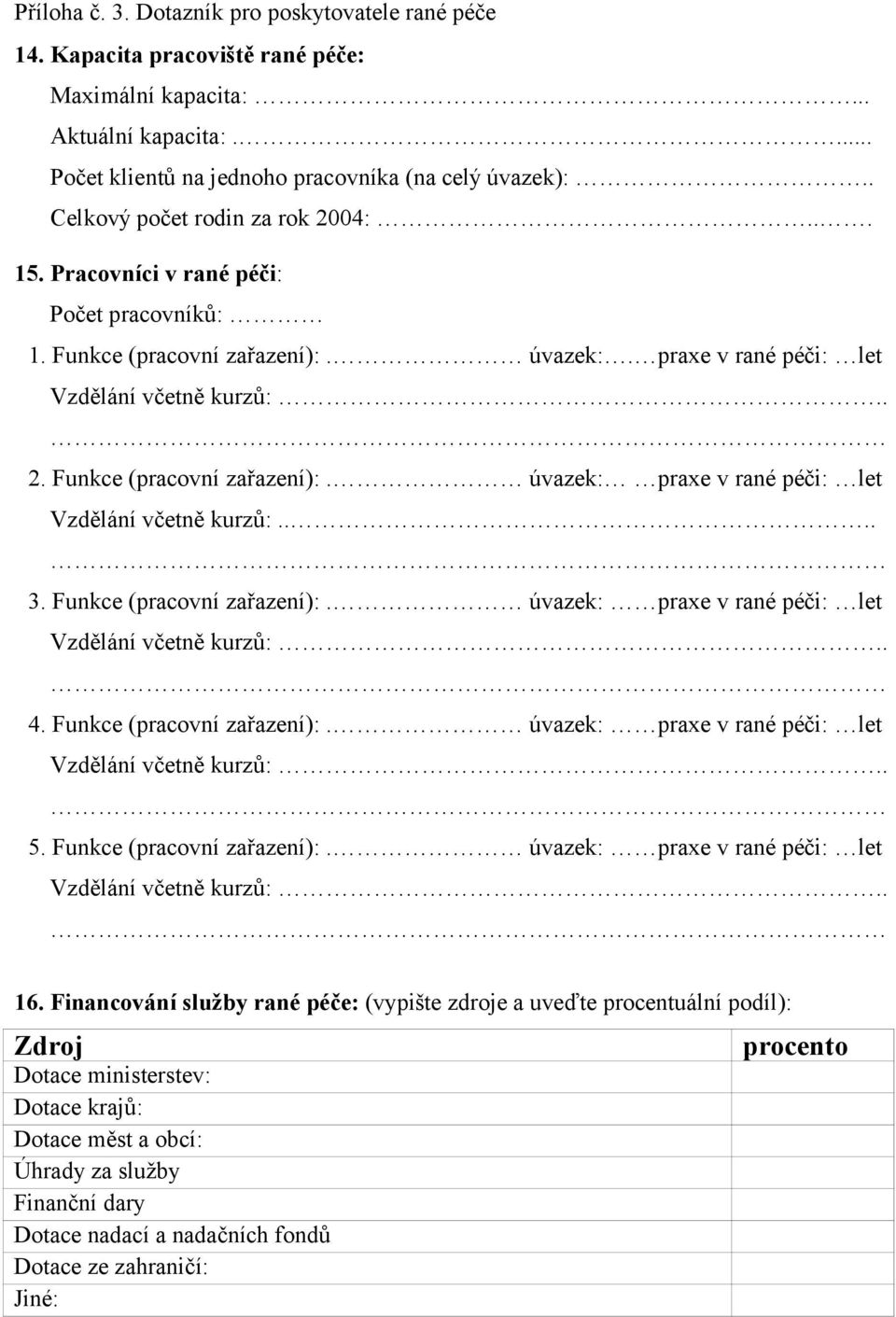 Funkce (pracovní zařazení):. úvazek: praxe v rané péči: let 4. Funkce (pracovní zařazení):. úvazek: praxe v rané péči: let 5. Funkce (pracovní zařazení):. úvazek: praxe v rané péči: let 16.