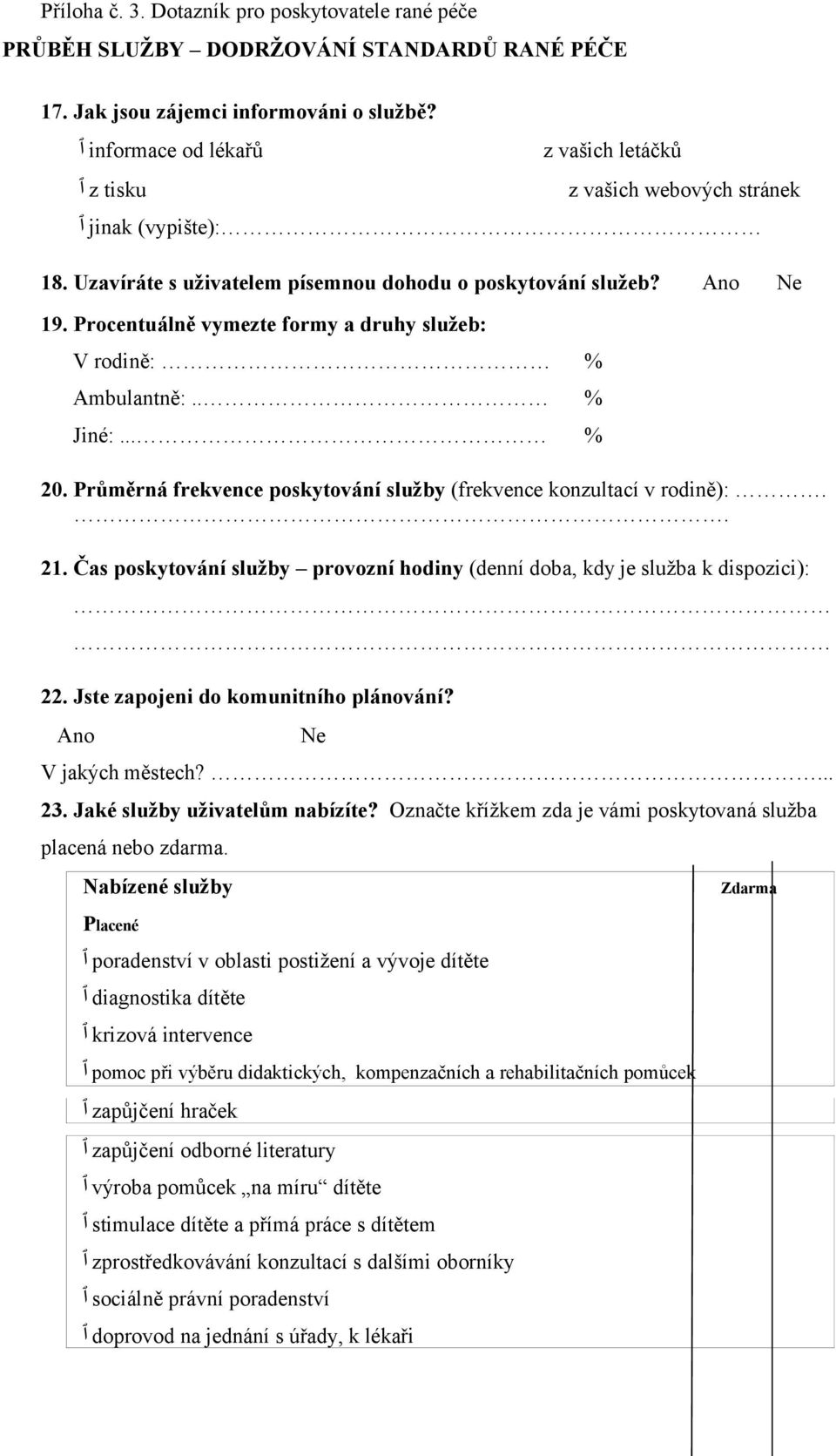 Průměrná frekvence poskytování služby (frekvence konzultací v rodině): 21. Čas poskytování služby provozní hodiny (denní doba, kdy je služba k dispozici): 22. Jste zapojeni do komunitního plánování?