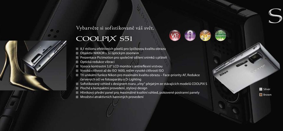 Vysoce kontrastní 3,0" LCD monitor s antireflexní vrstvou Vysoká citlivost až do ISO 1600, režim vysoké citlivosti ISO Tři unikátní funkce Nikon pro maximální kvalitu obrazu