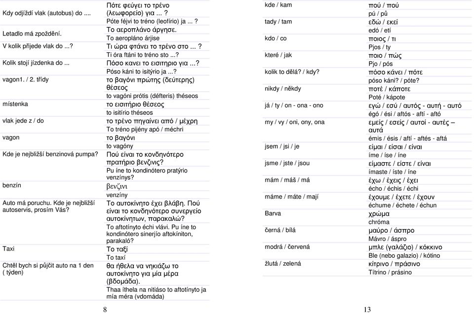 třídy το βαγόνι πρώτης (δεύτερης) θέσεος to vagóni prótis (défteris) théseos místenka το εισιτήριο θέσεος to isitírio théseos vlak jede z / do το τρένο πηγαίνει από / µέχρη To tréno pijény apó /