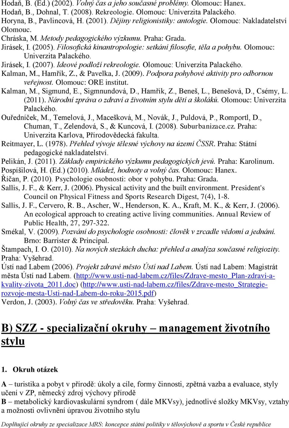 Filosofická kinantropologie: setkání filosofie, těla a pohybu. Olomouc: Univerzita Palackého. Jirásek, I. (2007). Ideové podloží rekreologie. Olomouc: Univerzita Palackého. Kalman, M., Hamřík, Z.