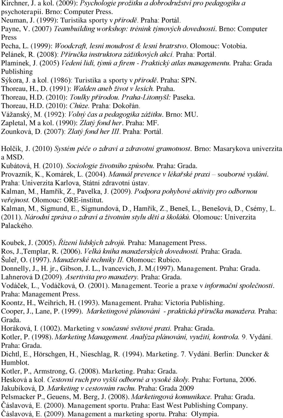 (2008): Příručka instruktora zážitkových akcí. Praha: Portál. Plamínek, J. (2005) Vedení lidí, týmů a firem - Praktický atlas managementu. Praha: Grada Publishing Sýkora, J. a kol.