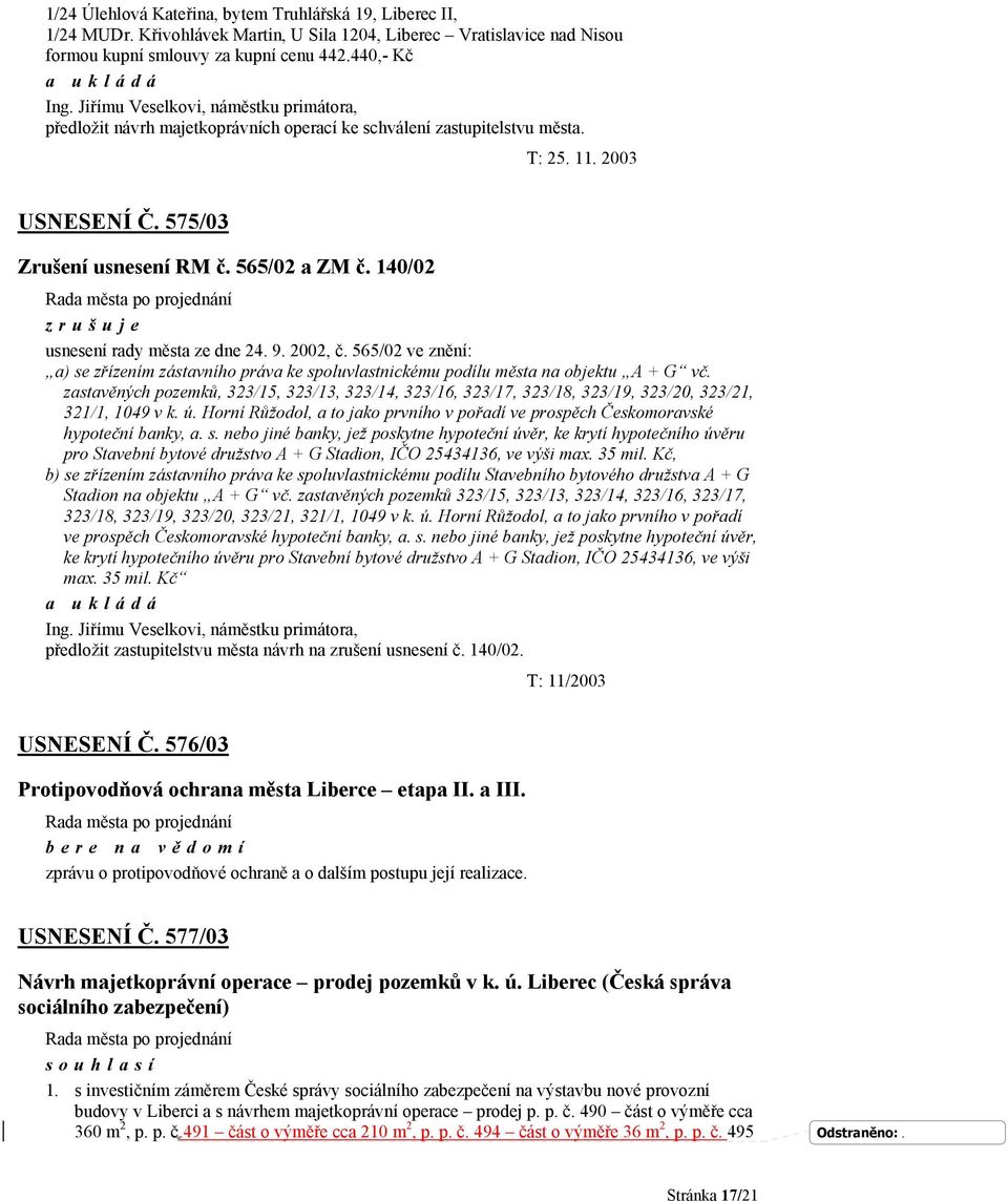 140/02 zrušuje usnesení rady města ze dne 24. 9. 2002, č. 565/02 ve znění: a) se zřízením zástavního práva ke spoluvlastnickému podílu města na objektu A + G vč.