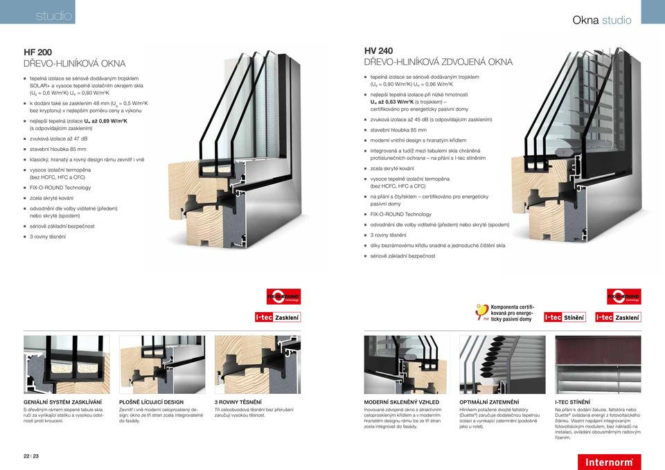 mm klasický, hranatý a rovný design rámu zevnitř i vně vysoce izolační termopěna (bez HCFC, HFC a CFC) FIX-O-ROUND Technology zcela skryté kování odvodnění dle volby viditelné (předem) nebo skryté