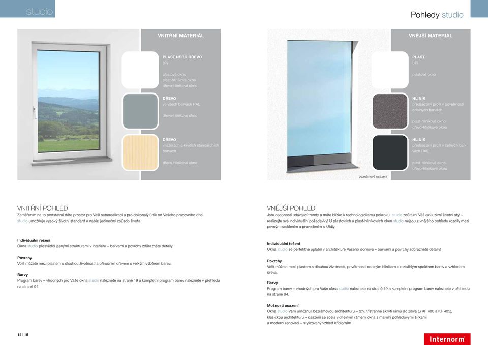četných barvách RAL dřevo-hliníkové okno plast-hliníkové okno dřevo-hliníkové okno bezrámové osazení VNITŘNÍ POHLED Zaměřením na to podstatné dáte prostor pro Vaši seberealizaci a pro dokonalý únik