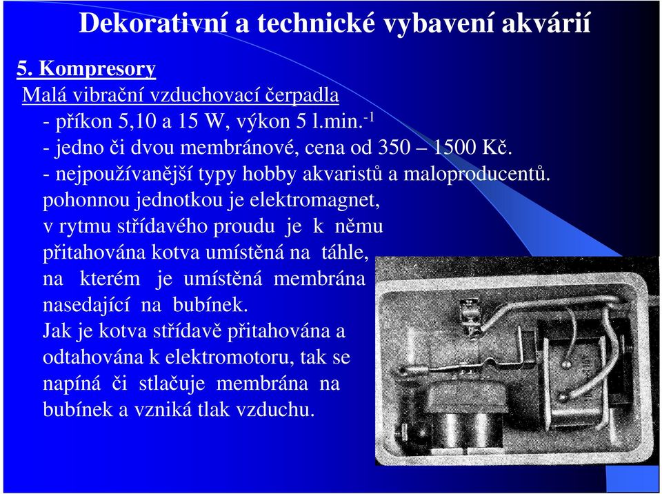 pohonnou jednotkou je elektromagnet, v rytmu střídavého proudu je k němu přitahována kotva umístěná na táhle, na kterém je