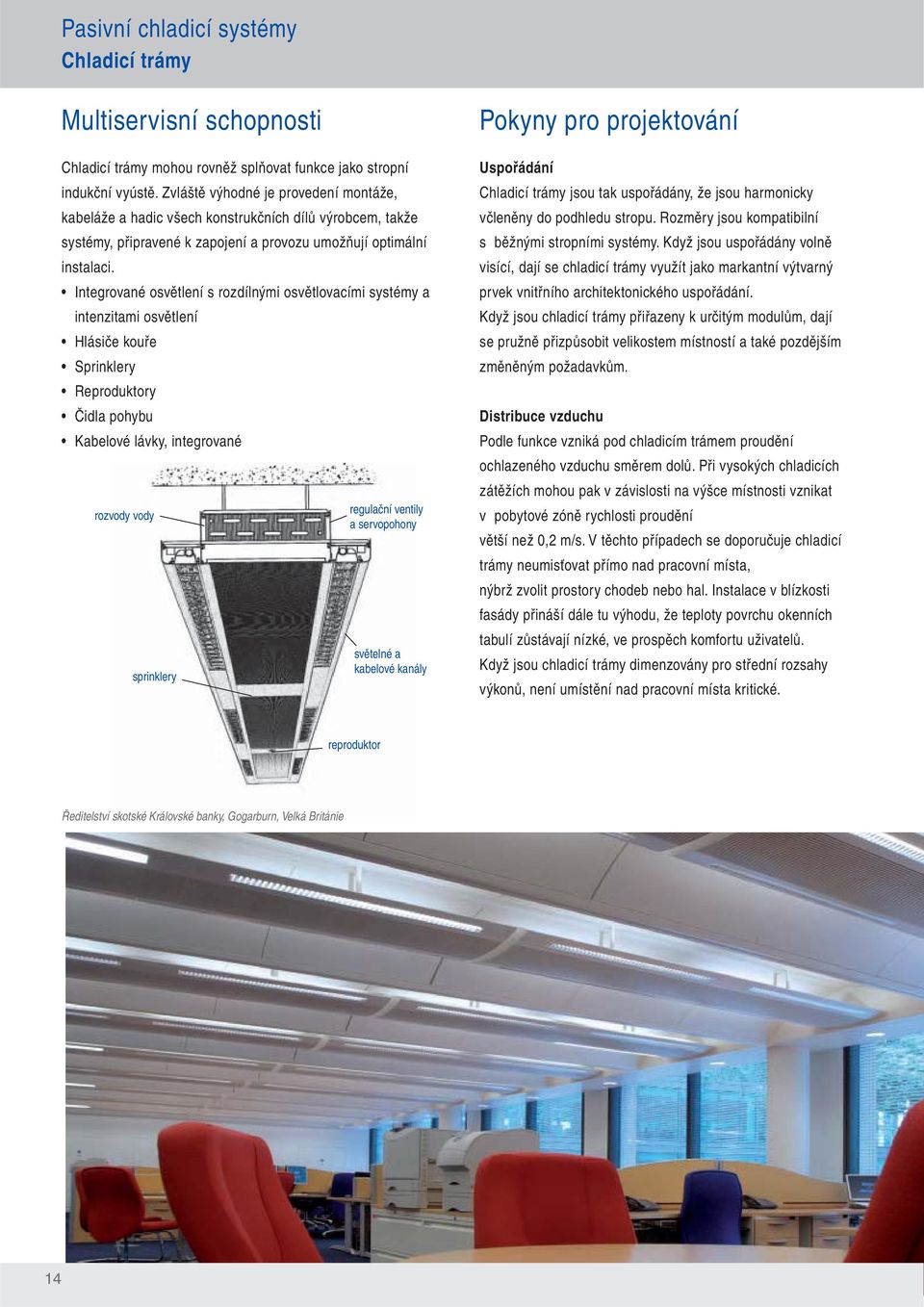 Integrované osvětlení s rozdílnými osvětlovacími systémy a intenzitami osvětlení Hlásiče kouře Sprinklery Reproduktory Čidla pohybu Kabelové lávky, integrované rozvody vody sprinklery regulační