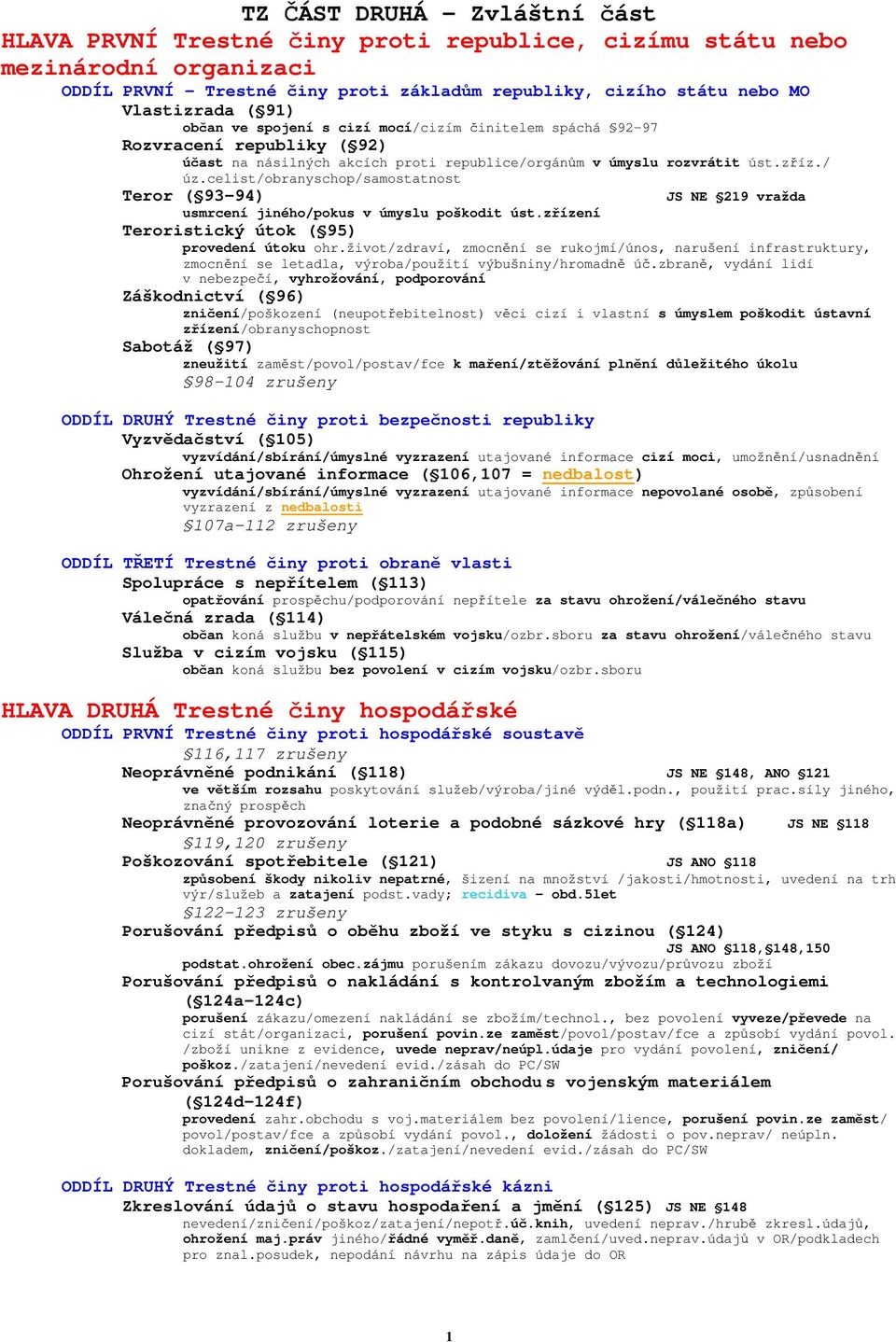 celist/obranyschop/samostatnost Teror ( 93-94) JS NE 219 vražda usmrcení jiného/pokus v úmyslu poškodit úst.zřízení Teroristický útok ( 95) provedení útoku ohr.