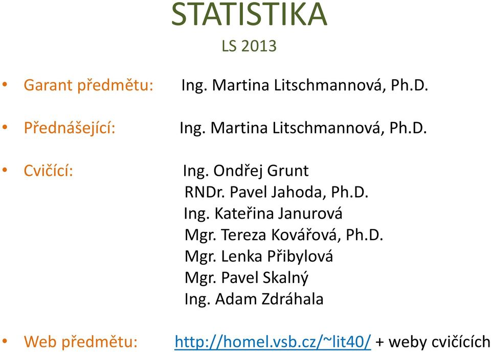 Pavel Jahoda, Ph.D. Ing. Kateřina Janurová Mgr. Tereza Kovářová, Ph.D. Mgr. Lenka Přibylová Mgr.