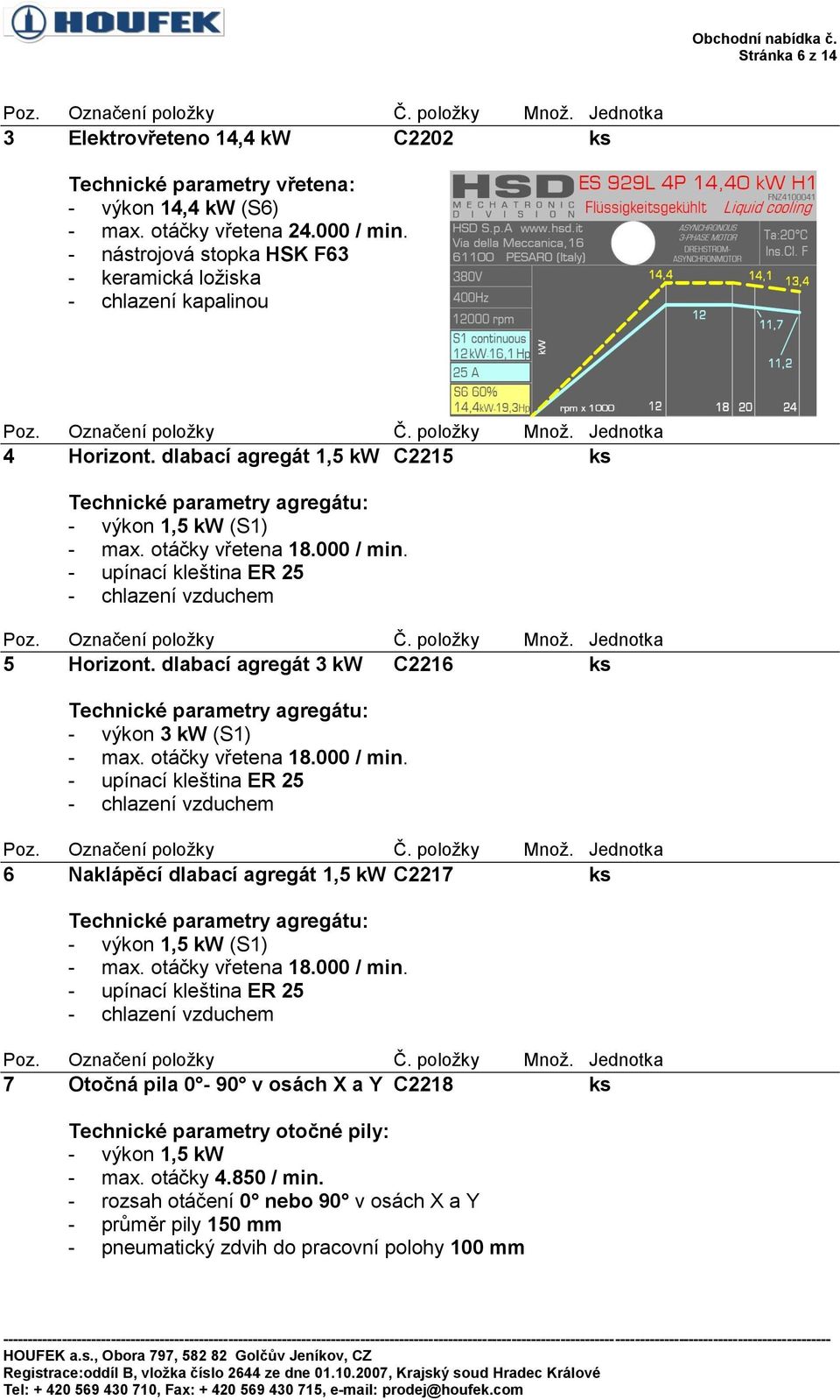 - upínací kleština ER 25 - chlazení vzduchem 5 Horizont. dlabací agregát 3 kw C2216 ks Technické parametry agregátu: - výkon 3 kw (S1) - max. otáčky vřetena 18.000 / min.