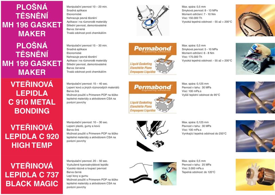 000 Th Vysoká tepelná odolnost: - 55 až + 200 C Smyková pevnost: 5-10 MPa Moment odtržení: 6-8 Nm Visc: 175.000 Th Vysoká tepelná odolnost: - 55 až + 200 C Max.