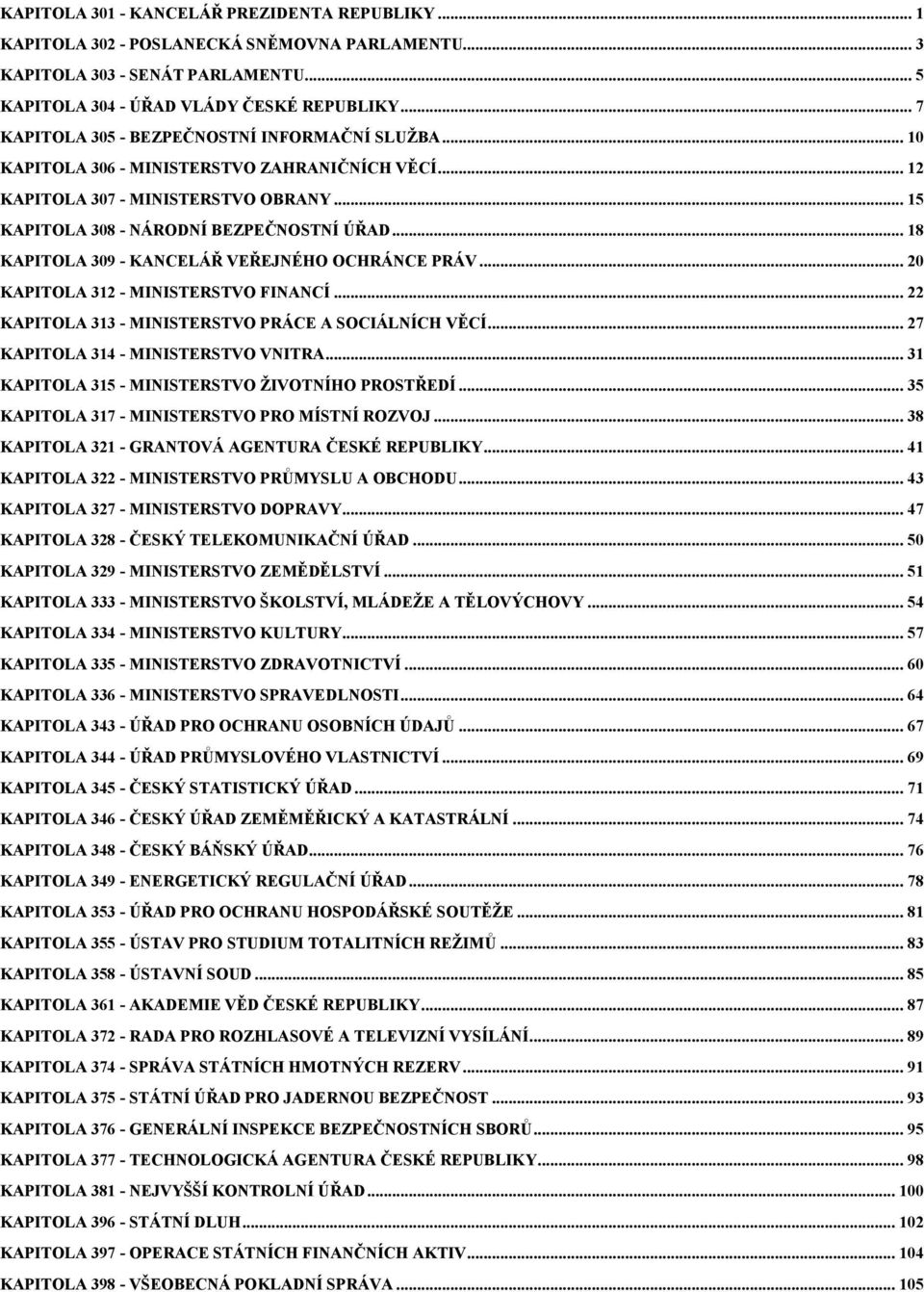 .. 18 KAPITOLA 309 - KANCELÁŘ VEŘEJNÉHO OCHRÁNCE PRÁV... 20 KAPITOLA 312 - MINISTERSTVO FINANCÍ... 22 KAPITOLA 313 - MINISTERSTVO PRÁCE A SOCIÁLNÍCH VĚCÍ... 27 KAPITOLA 314 - MINISTERSTVO VNITRA.