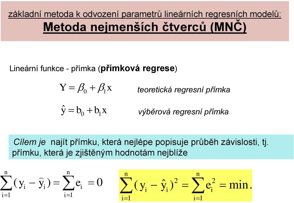 přímka ŷ b0 b1x výběrová regresí přímka Cílem je ajít přímku, která ejlépe popsuje