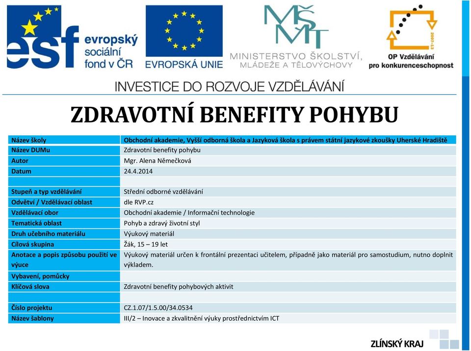 4.2014 Stupeň atypvzdělávání Odvětví / Vzdělávací oblast Vzdělávací obor Tematická oblast Druh učebního materiálu Cílová skupina Anotace a popis způsobu použití ve výuce Vybavení, pomůcky Klíčová