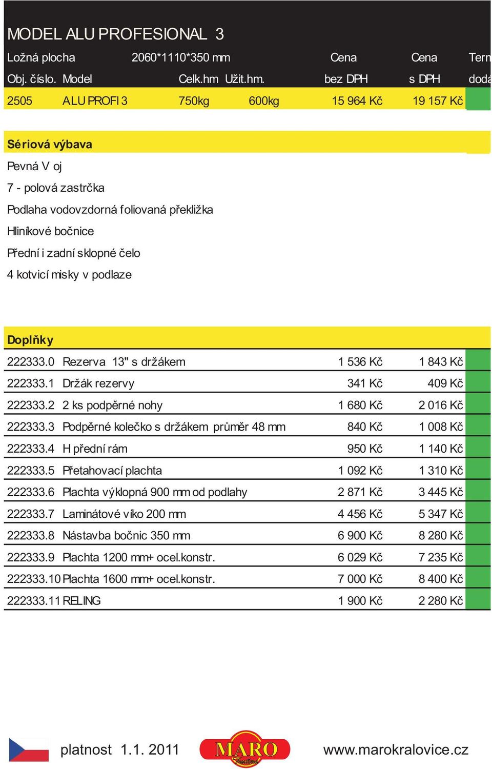 0 Rezerva 13" s držákem 1 536 Kè 1 843 Kè 222333.1 Držák rezervy 341 Kè 409 Kè 222333.2 2 ks podpìrné nohy 1 680 Kè 2 016 Kè 222333.3 Podpìrné koleèko s držákem prùmìr 48 mm 840 Kè 1 008 Kè 222333.