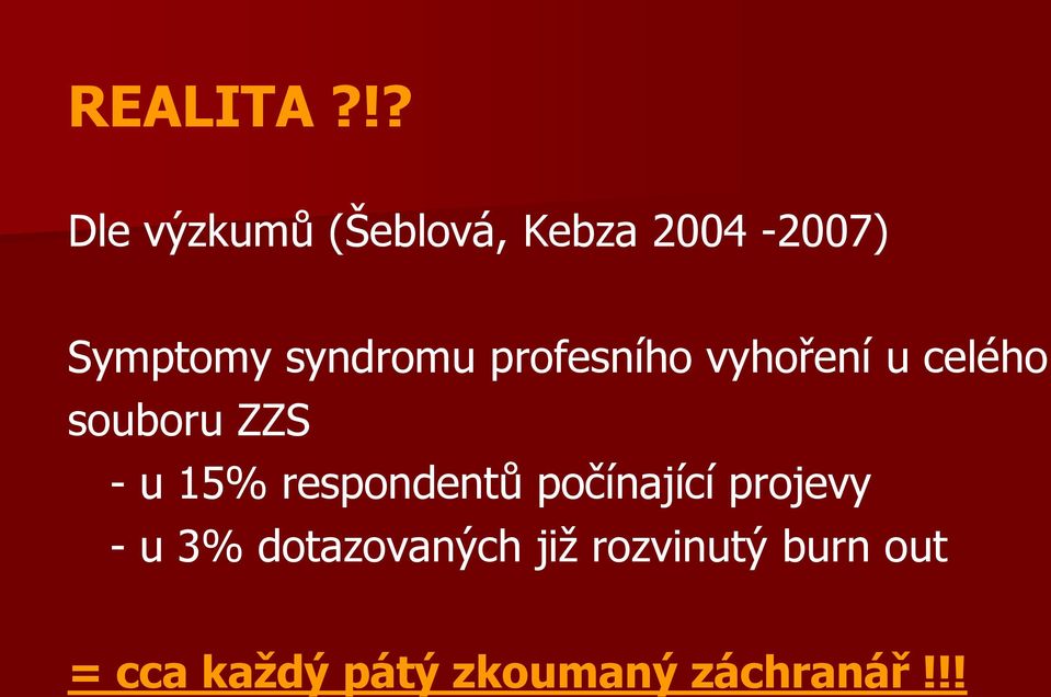 syndromu profesního vyhoření u celého souboru ZZS - u 15%