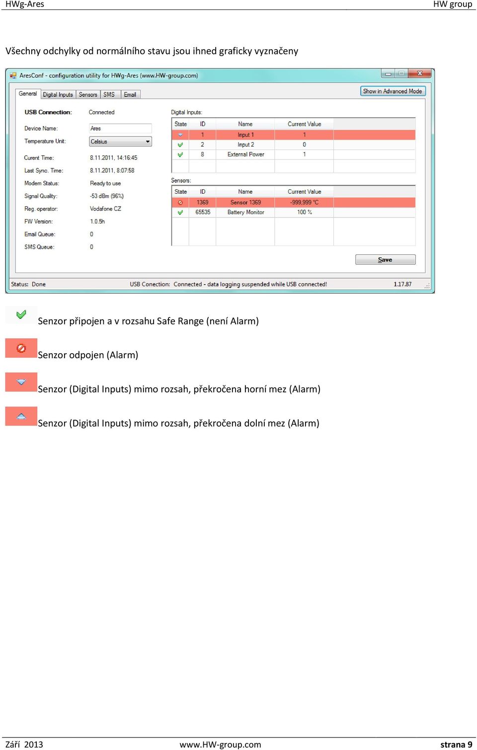 (Digital Inputs) mimo rozsah, překročena horní mez (Alarm) Senzor (Digital
