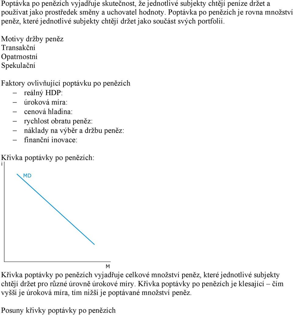 Motivy držby peněz Transakční Opatrnostní Spekulační Faktory ovlivňující poptávku po penězích reálný HDP: úroková míra: cenová hladina: rychlost obratu peněz: náklady na výběr a držbu peněz: