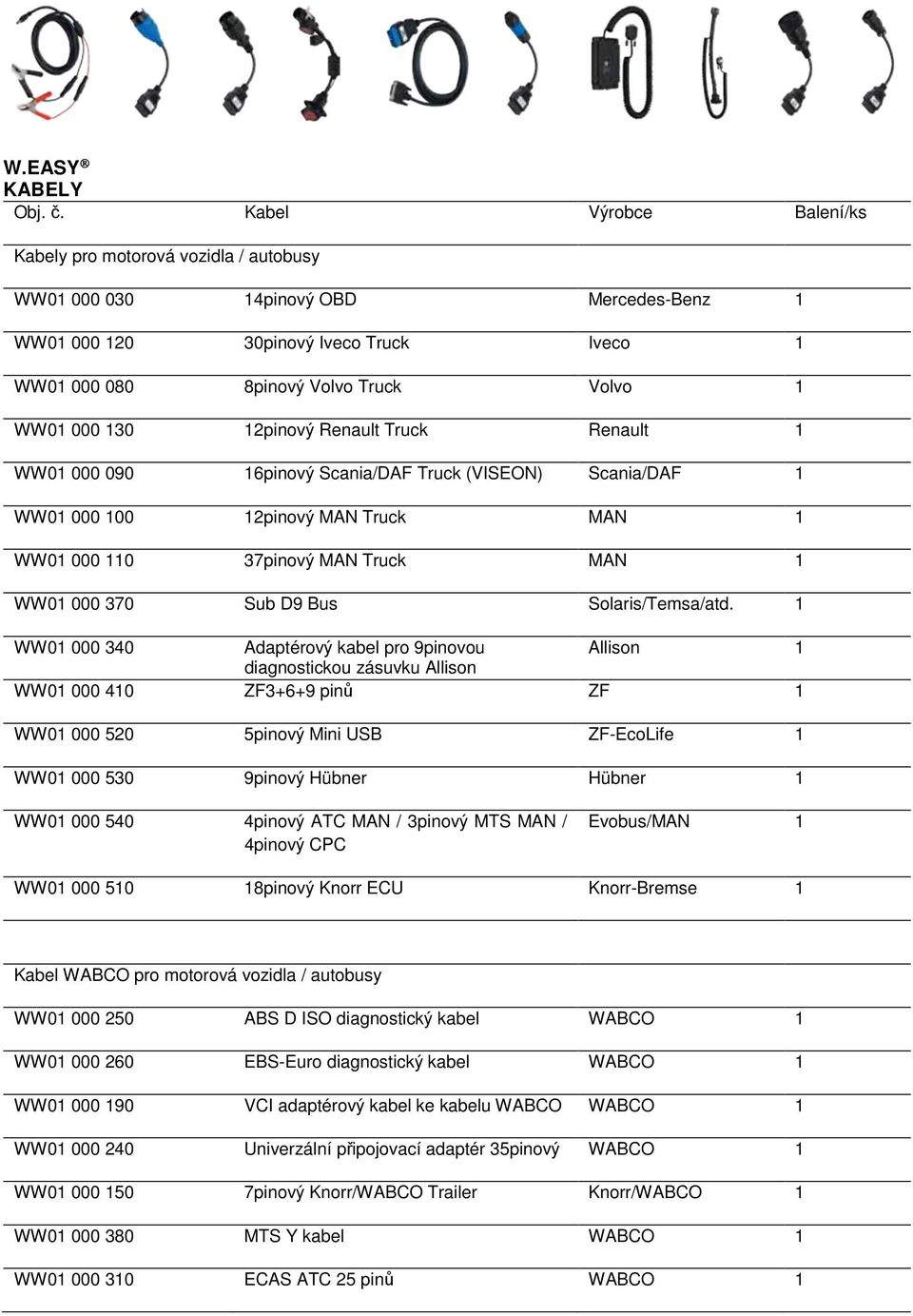 130 12pinový Renault Truck Renault 1 WW01 000 090 16pinový Scania/DAF Truck (VISEON) Scania/DAF 1 WW01 000 100 12pinový MAN Truck MAN 1 WW01 000 110 37pinový MAN Truck MAN 1 WW01 000 370 Sub D9 Bus