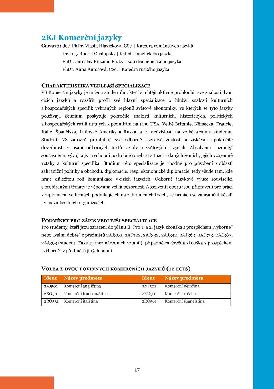 Katedra ruského jazyka CHARAKTERISTIKA VEDLEJŠÍ SPECIALIZACE VS Komerční jazyky je určena studentům, kteří si chtějí aktivně prohloubit své znalosti dvou cizích jazyků a rozšířit profil své hlavní