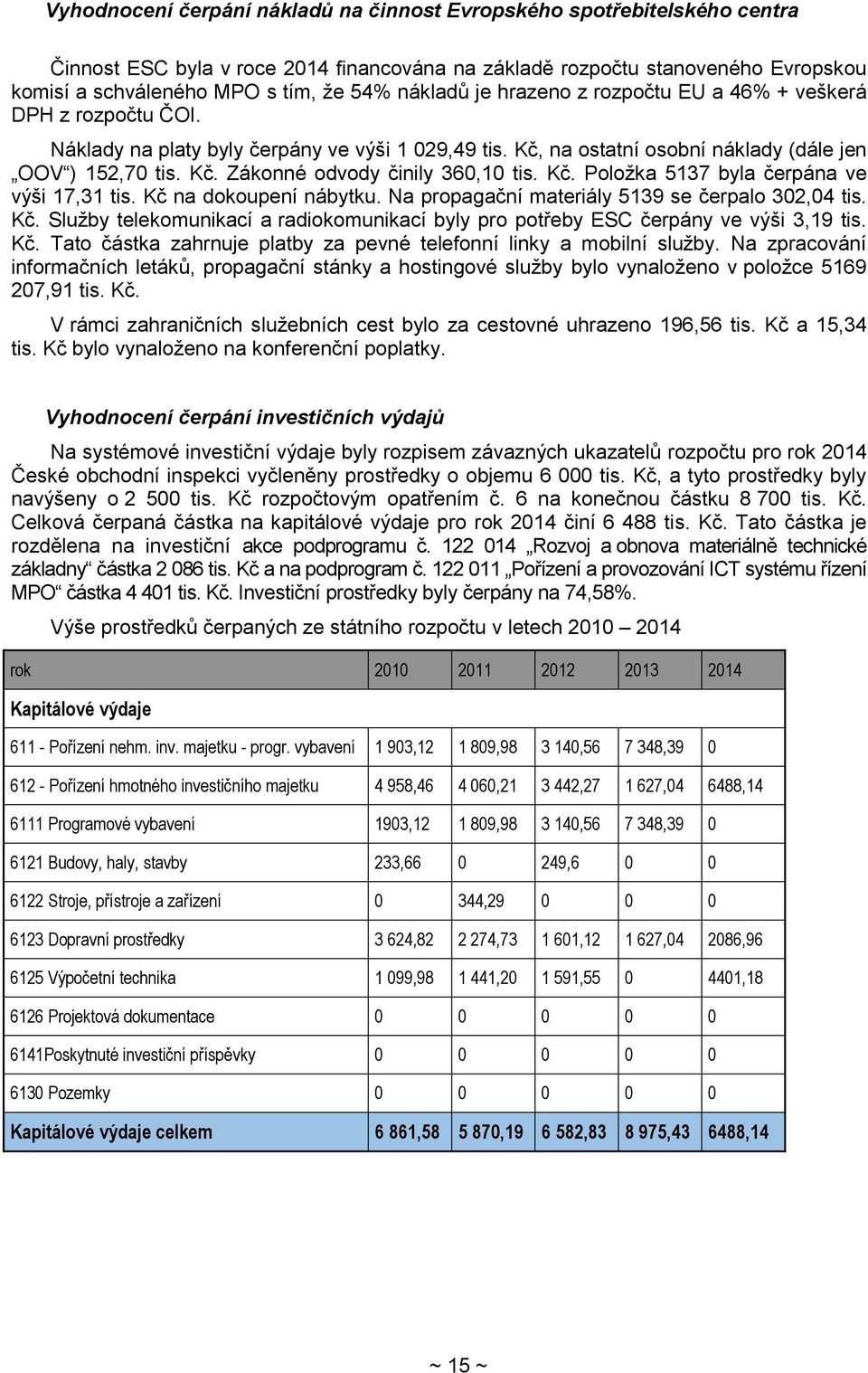 Kč. Položka 5137 byla čerpána ve výši 17,31 tis. Kč na dokoupení nábytku. Na propagační materiály 5139 se čerpalo 302,04 tis. Kč. Služby telekomunikací a radiokomunikací byly pro potřeby ESC čerpány ve výši 3,19 tis.