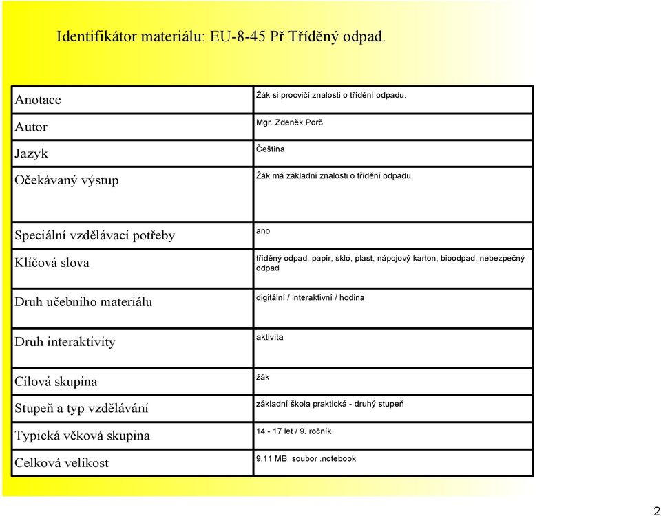 Speciální vzdělávací potřeby Klíčová slova Druh učebního materiálu ano tříděný odpad, papír, sklo, plast, nápojový karton, bioodpad, nebezpečný