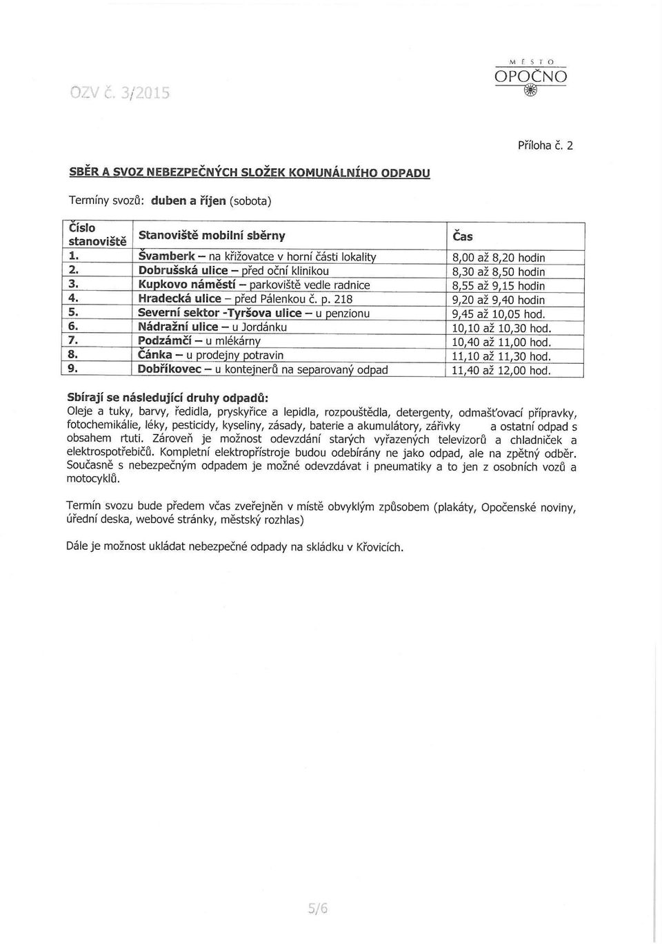 Hradecká ulice - před Pálenkou č. p. 218 9,20 až 9,40 hodin 5. Severní sektor -Tyršova ulice - u penzionu 9,45 až 10,05 hod. 6. Nádražní ulice - u Jordánku 10,10 až 10,30 hod. 7.