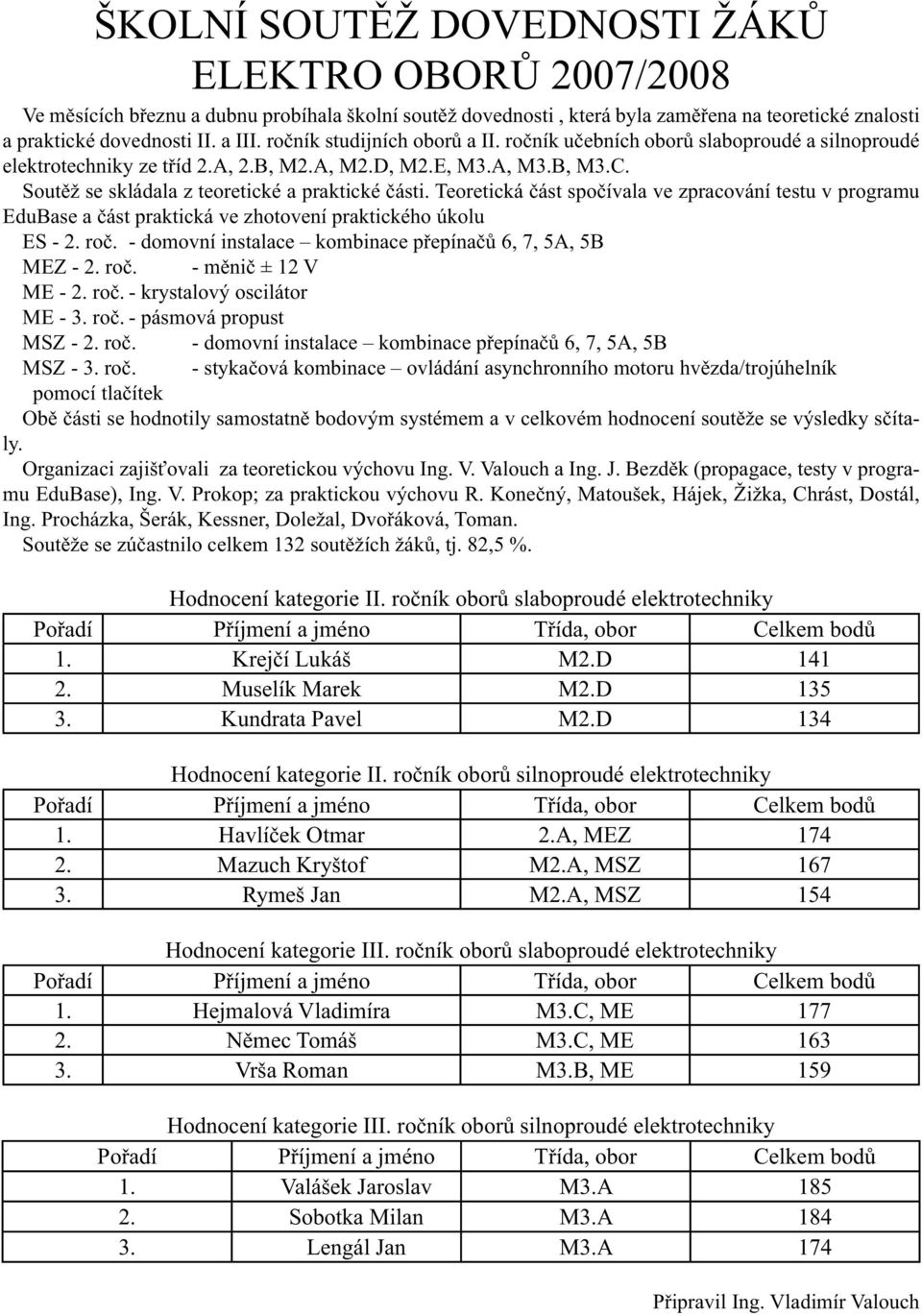 Teoretická část spočívala ve zpracování testu v programu EduBase a část praktická ve zhotovení praktického úkolu ES - 2. roč. - domovní instalace kombinace přepínačů 6, 7, 5A, 5B MEZ - 2. roč. - měnič ± 12 V ME - 2.