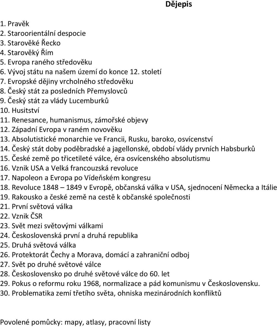 Západní Evropa v raném novověku 13. Absolutistické monarchie ve Francii, Rusku, baroko, osvícenství 14. Český stát doby poděbradské a jagellonské, období vlády prvních Habsburků 15.