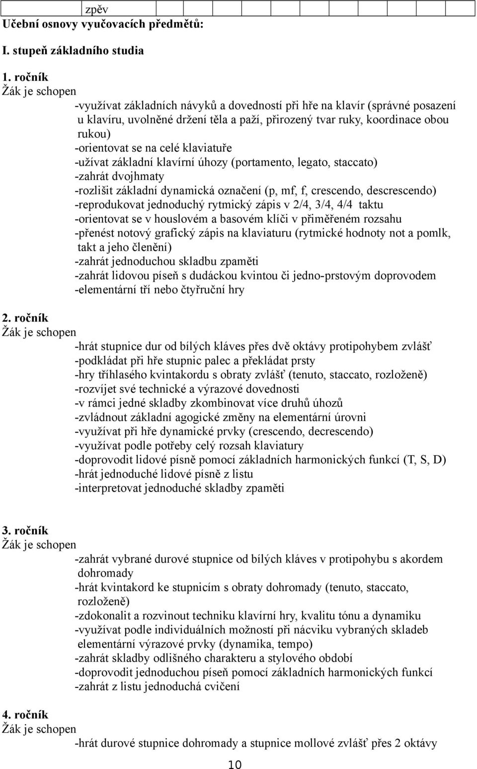 celé klaviatuře -užívat základní klavírní úhozy (portamento, legato, staccato) -zahrát dvojhmaty -rozlišit základní dynamická označení (p, mf, f, crescendo, descrescendo) -reprodukovat jednoduchý