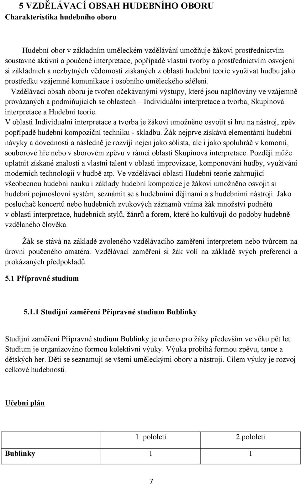 Vzdělávací obsah oboru je tvořen očekávanými výstupy, které jsou naplňovány ve vzájemně provázaných a podmiňujících se oblastech Individuální interpretace a tvorba, Skupinová interpretace a Hudební