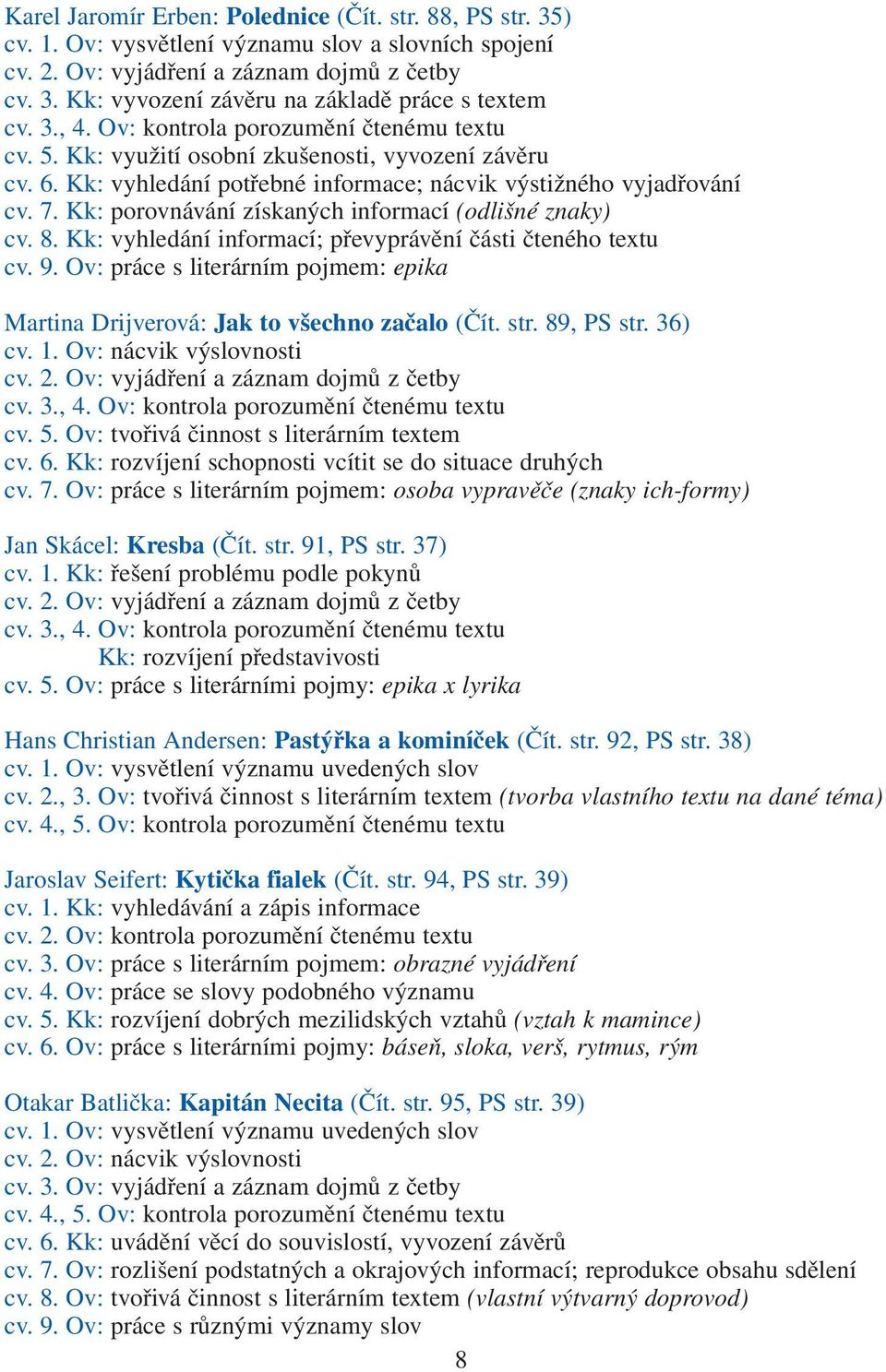 Kk: porovnávání získaných informací (odlišné znaky) cv. 8. Kk: vyhledání informací; převyprávění části čteného textu cv. 9.