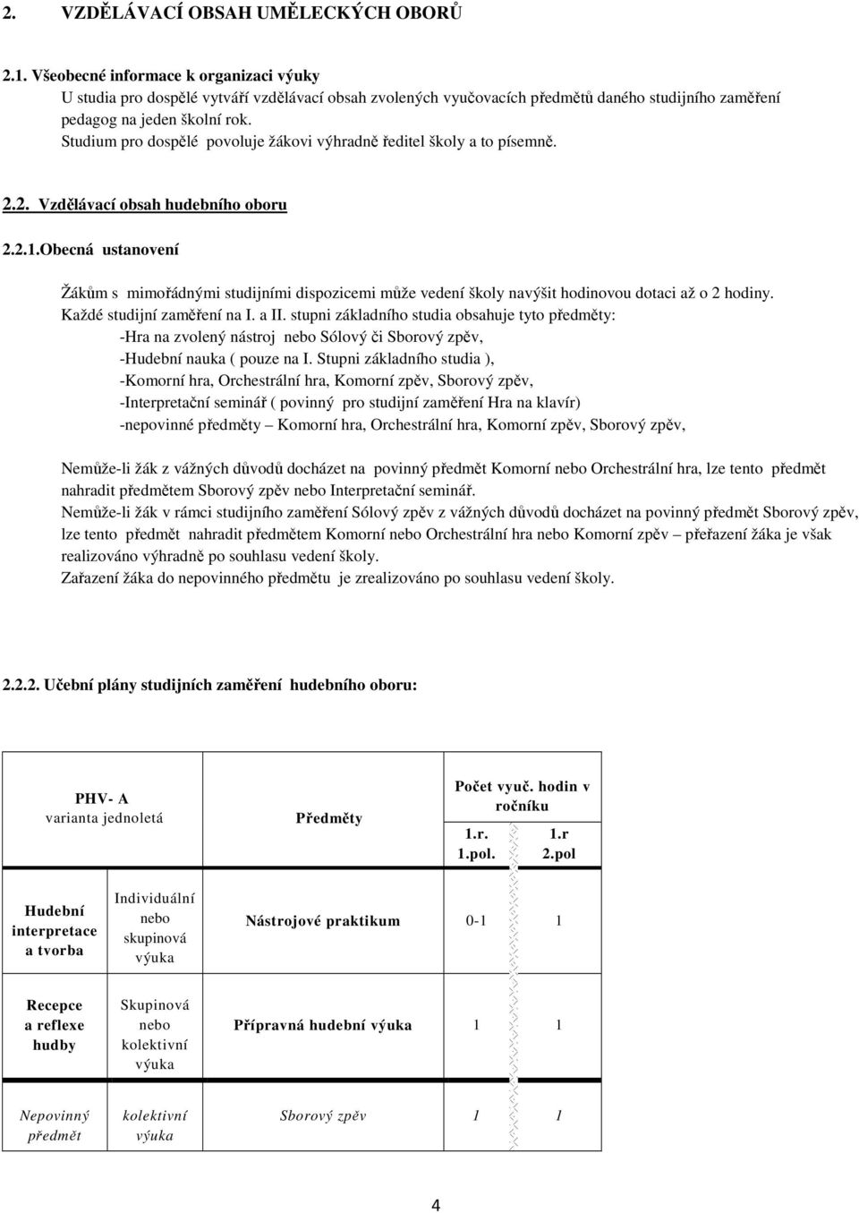 Studium pro dospělé povoluje žákovi výhradně ředitel školy a to písemně. 2.2. Vzdělávací obsah hudebního oboru 2.2.1.