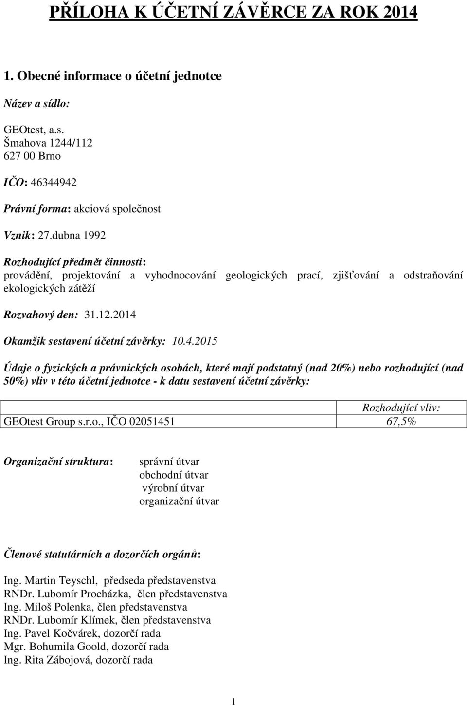 2014 Okamžik sestavení účetní závěrky: 10.4.2015 Údaje o fyzických a právnických osobách, které mají podstatný (nad 20%) nebo rozhodující (nad 50%) vliv v této účetní jednotce - k datu sestavení