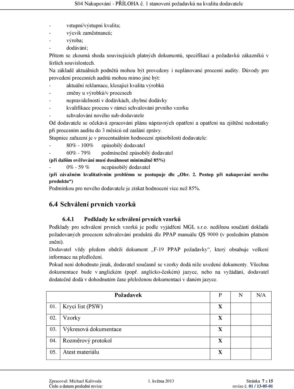Důvody pro provedení procesních auditů mohou mimo jiné být: - aktuální reklamace, klesající kvalita výrobků - změny u výrobků/v procesech - nepravidelnosti v dodávkách, chybné dodávky - kvalifikace