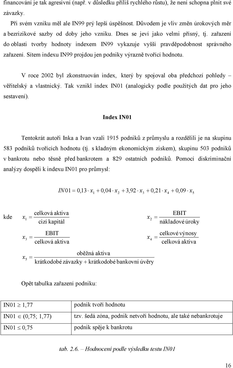 zařazení do oblasti tvorby hodnoty indexem IN99 vykazuje vyšší pravděpodobnost správného zařazení. Sítem indexu IN99 projdou jen podniky výrazně tvořící hodnotu.
