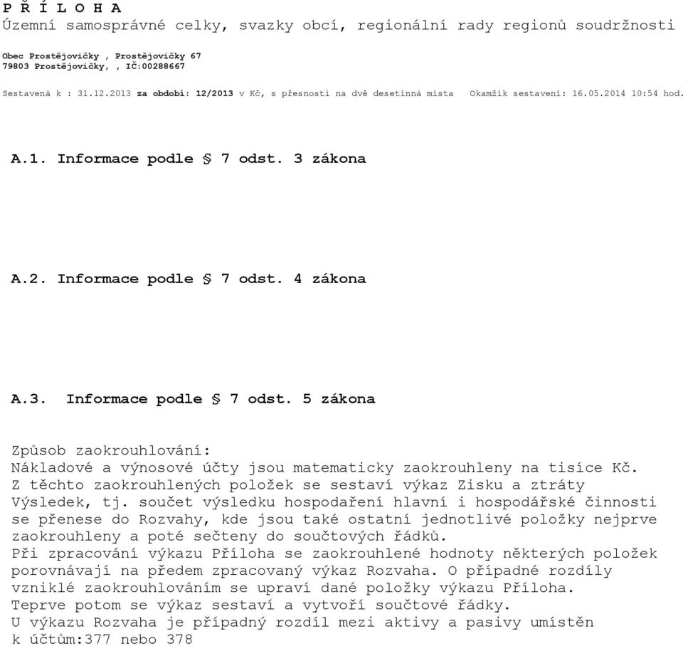 3 zákona A.2. Informace podle 7 odst. 4 zákona A.3. Informace podle 7 odst. 5 zákona Způsob zaokrouhlování: Nákladové a výnosové účty jsou matematicky zaokrouhleny na tisíce Kč.